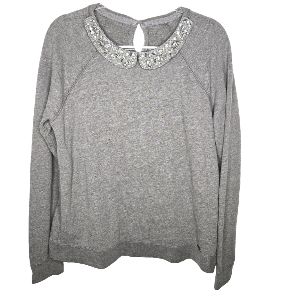 Abercrombie and Fitch Bejeweled Collar Top Size L Gray Sweatshirt Preppy Bling